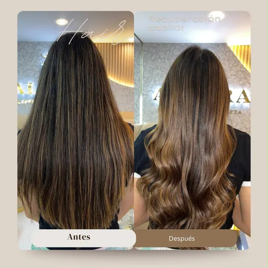 Before and after: dull brown hair with shine and waves after hydration