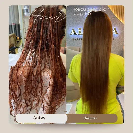 Before and after: damaged copper hair restored, long and smooth