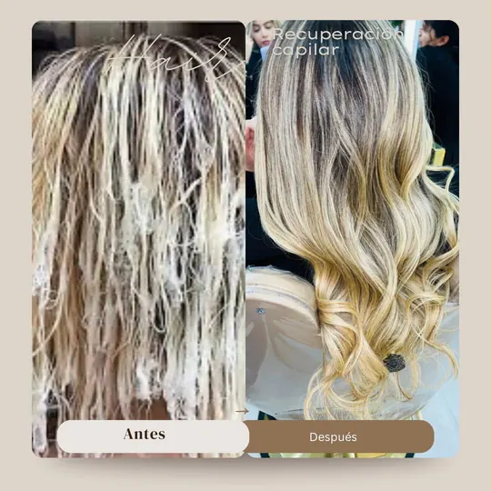 Before and after: gummy bleached hair restored with waves and shine