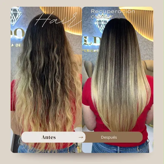 Before and after: dry blonde ombré restored, smooth and sealed