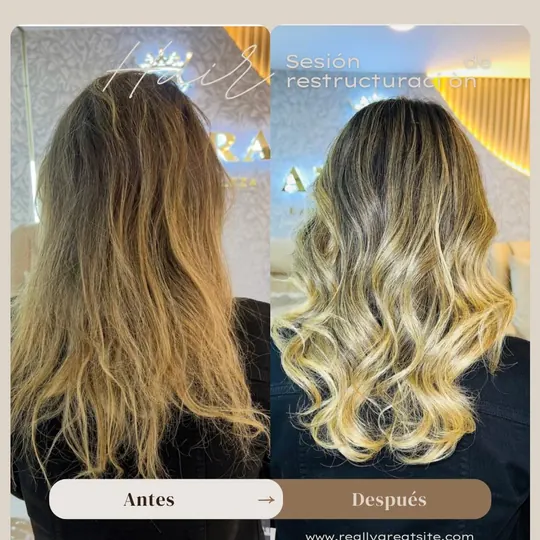 Before and after: dull bleached hair with new strength and waves after restructuring