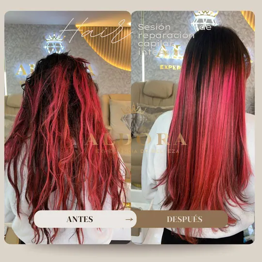 Before and after: damaged red hair restored with an intensive repair session